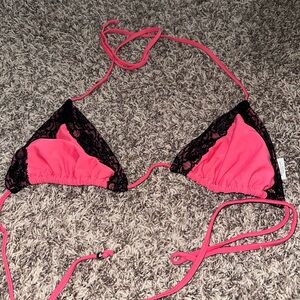 Pink salmon color and Black Lace Bikini Top
